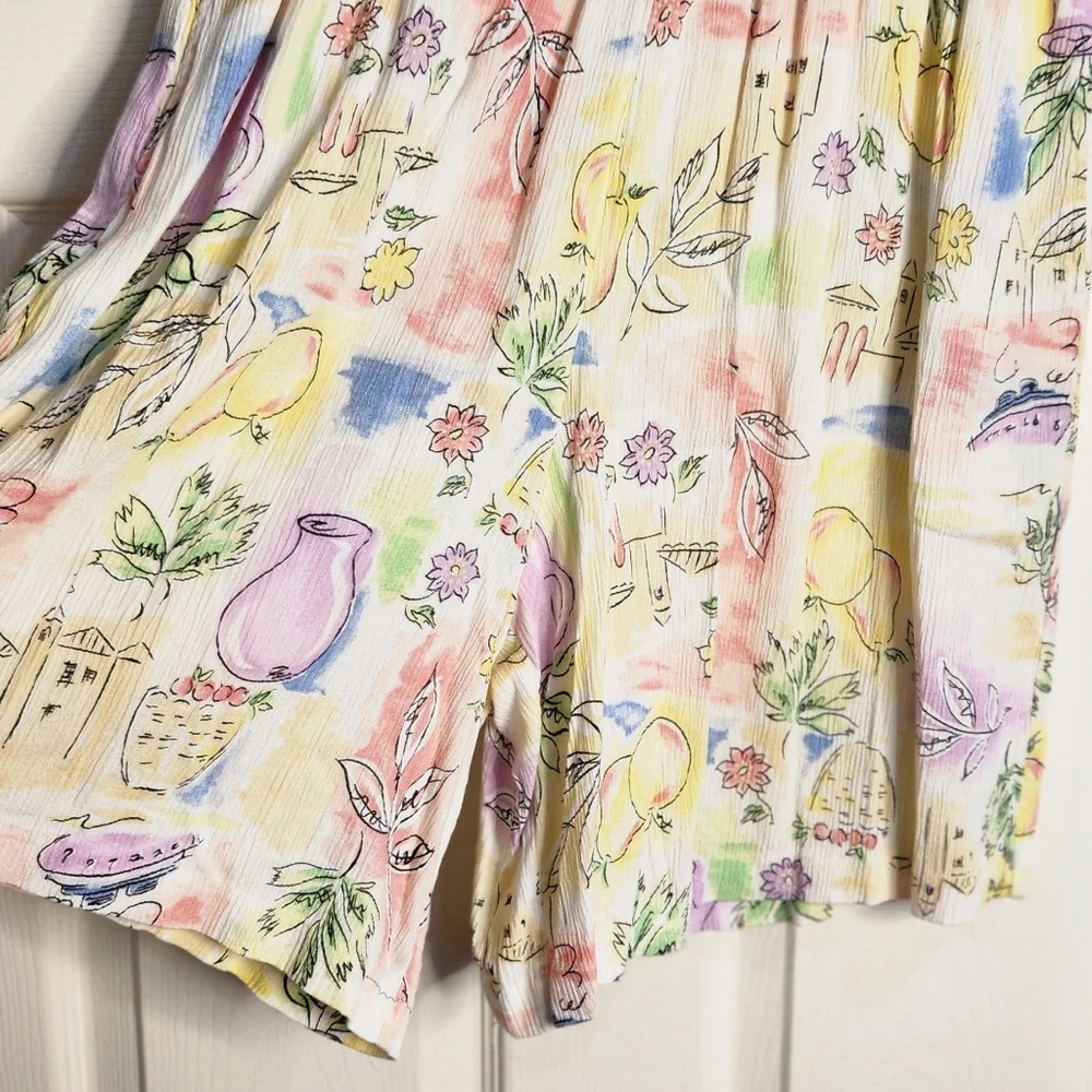 Vintage - Koret Francisca - Flowy Water Color w/ Line Drawing Print Shorts 27